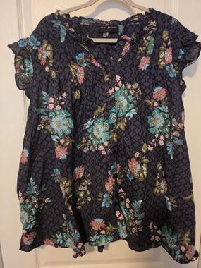 Lane Bryant Navy Floral Button-Front Blouse - Teal & Pink